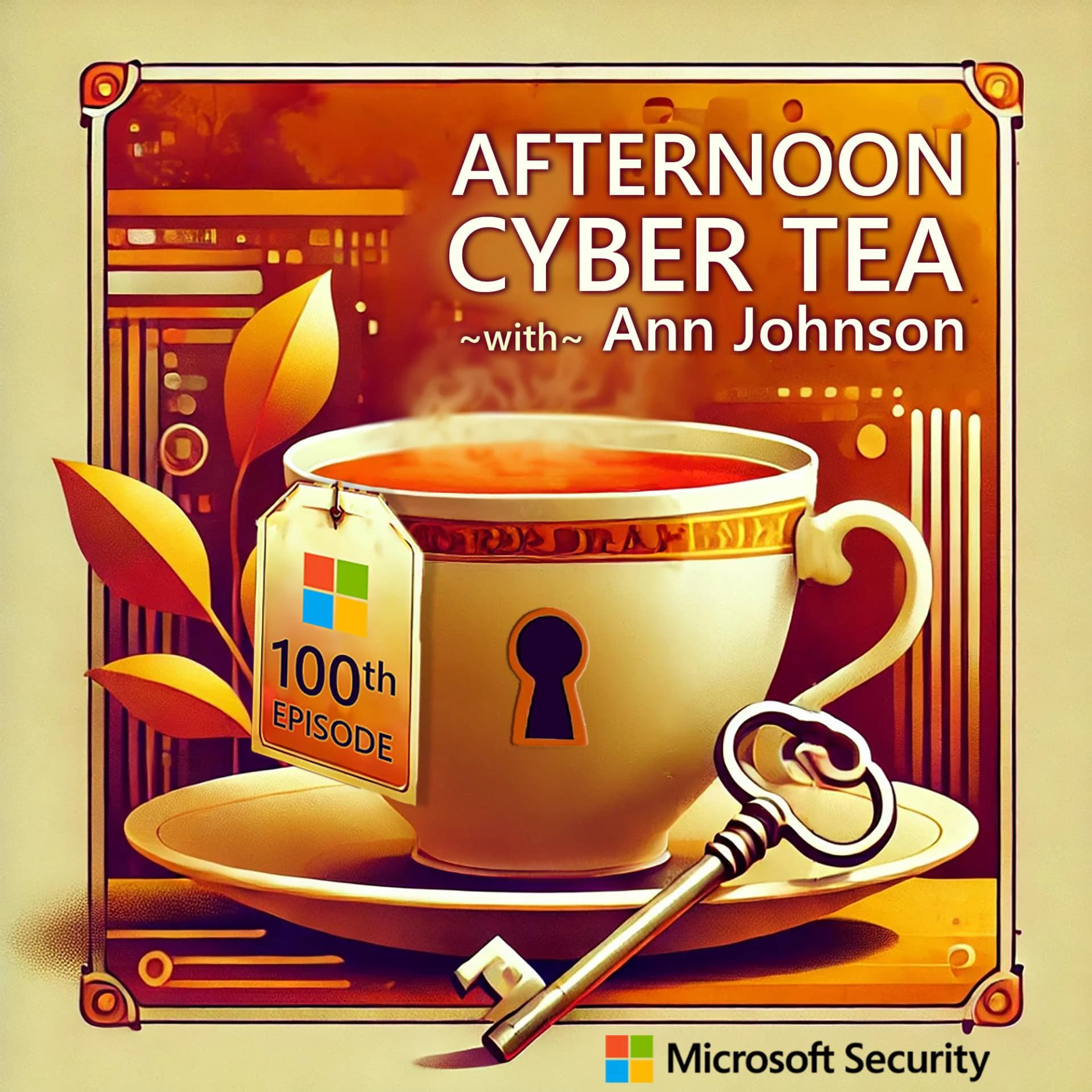 Afternoon Cyber Tea 100th-episode cover art – a steaming teacup with a keyhole and a brass key on the saucer